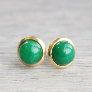 Gold Jade Studs // Yellow Gold Green Jade Earrings // Emerald Jade Studs // 6mm Gemstone Earrings // Gold Plated Gemstone Studs