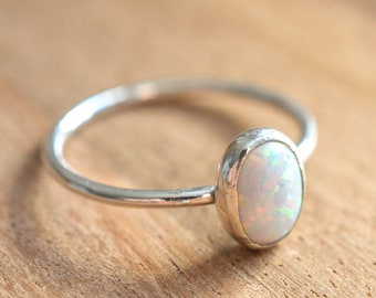 Sterling Silver White Opal Ring // Simulated Opal Stacking Ring // October Birthstone Ring // Opal Cocktail Ring // Silver Opal Ring