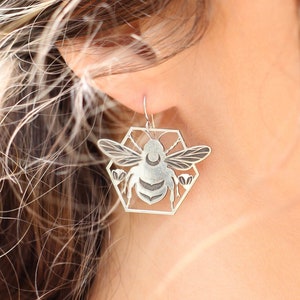 Sterling Silver Bee Earrings // Geometric Earrings // Hexagon Boho Silver Dangle Earrings