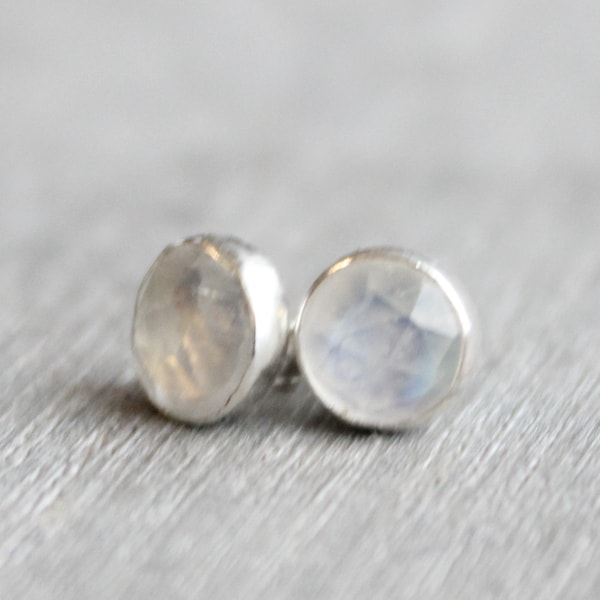 Sterling Silver Moonstone Earrings // Rose Cut Moonstone Stud Earrings // 6mm Moonstone Cabochon Earrings // Sterling Silver Gemstone Studs