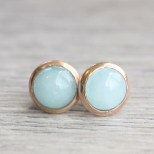Rose Gold Jade Studs // Rose Gold Blue Jade Earrings // Aquamarine Jade Studs // 6mm Gemstone Earrings // Rose Gold Plated Gemstone Studs