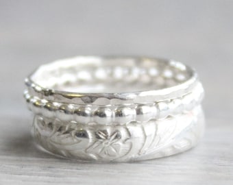 Sterling Silver Stacking Rings // Sterling Silver Floral Patterned Band // Thick Stacking Ring // Silver Hammered Band Bead Band