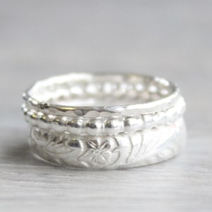 Handmade Sterling Silver Stacking Rings: Floral, Hammered, and Bead Bands