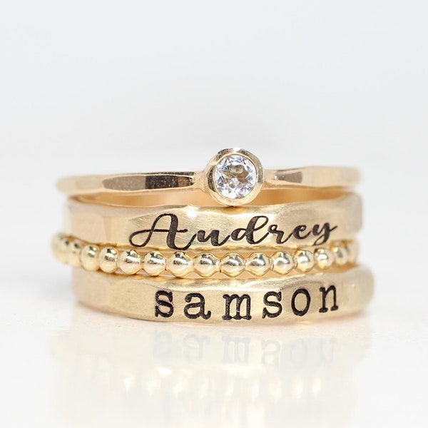 14K Gold Filled Stacking Name Rings Set: Personalized Birthstone Jewelry