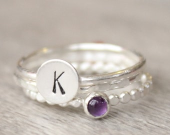 Sterling Silver Amethyst Ring Set: Personalized Initial Stacking Rings