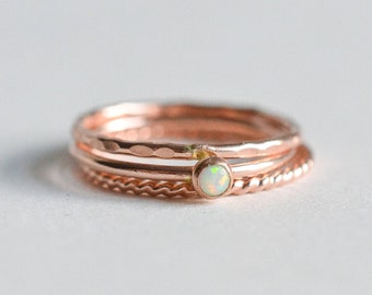 Rose Gold Opal Ring Set // 14K Rose Gold Filled White Opal Stacking Ring Set // October Birthstone Rings // Gemstone Rings // Simulated Opal