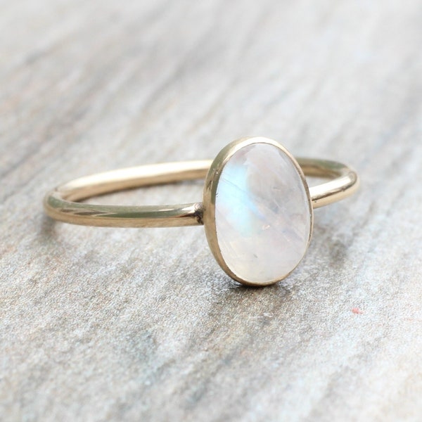 14K Gold Filled or Sterling Silver Rainbow Moonstone Ring: Oval Stacking Ring