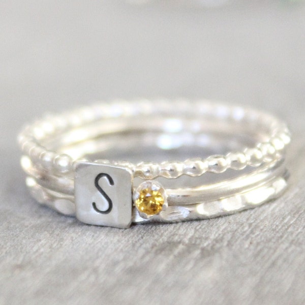 Sterling Silver Topaz Ring with Initial - Sterling Silver Birthstone Stacking Rings - Mother's Rings - Personalized Set of 3 Stacking Rings