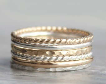 Stacking Ring Set // Set of 6 Gold and Silver Stackable Rings // Sterling Silver and 14K Gold Filled Stackable Rings // Mixed Metals