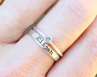 Sterling Silver Engraved Ring with Birthstone Ring // Sterling Silver or Gold Hammered Name Ring and 3mm Gemstone // Blue Zircon December