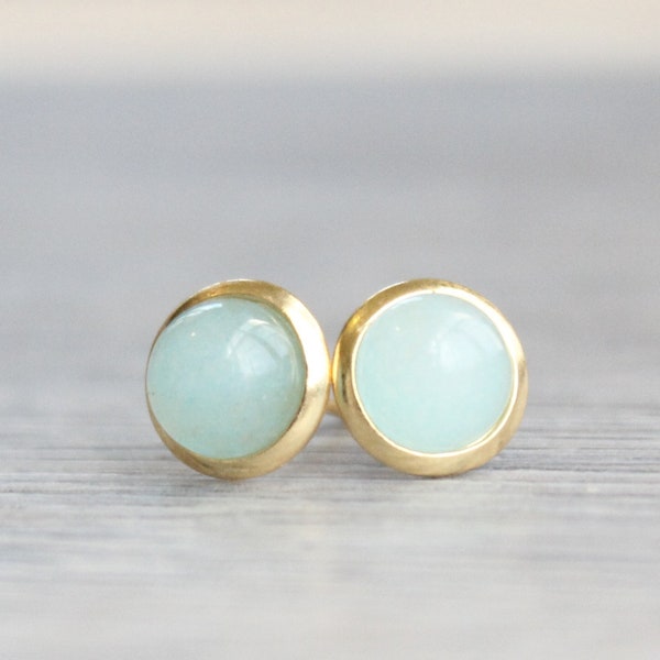 Gold Jade Studs // Yellow Gold Blue Jade Earrings // Aquamarine Jade Studs // 6mm Gemstone Earrings // Gold Plated Gemstone Studs