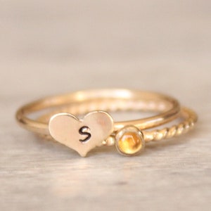 Gold Citrine Ring Set // 14k Yellow Gold Filled Heart Initial Ring // Personalized November Birthstone Ring // Gemstone Stacking Ring image 1