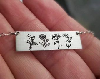 Sterling Silver Birth Flower Necklace // Gift for Her // Gift for Mom // Custom Engraved Bar Necklace // Best Friend Gift