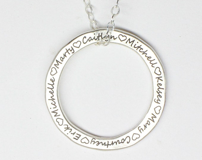 Sterling Silver Circle Name Necklace | Custom Engraved Grandma Necklace Pendant | Handmade Personalized Jewelry