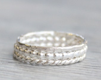 Sterling Silver Stacking Rings // Set of 3 Simple Silver Stacking Rings // Rope Twist Ring Bead Ring Hammered Ring // Silver Spacer Rings