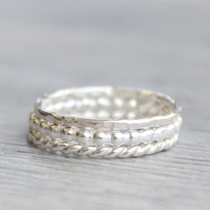 Sterling Silver Stacking Rings: Bead, Hammered, Twist - Set of 3