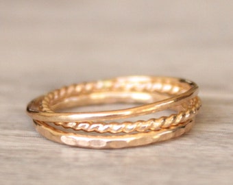 14K Gold Filled Stacking Rings Set: Hammered, Twist, Smooth