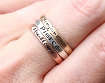 Stacking Name Rings // Sterling Silver, Gold, or Rose Gold Hammered Name Ring -  Personalized Ring - Custom Name Ring - Engraved Ring