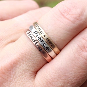 Stacking Name Rings // Sterling Silver, Gold, or Rose Gold Hammered Name Ring Personalized Ring Custom Name Ring Engraved Ring image 1