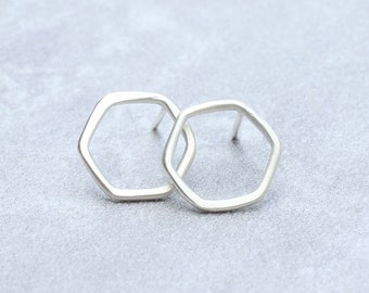 Sterling Silver Hexagon Stud Earrings // Open Geometric Studs // Minimalist Silver Studs