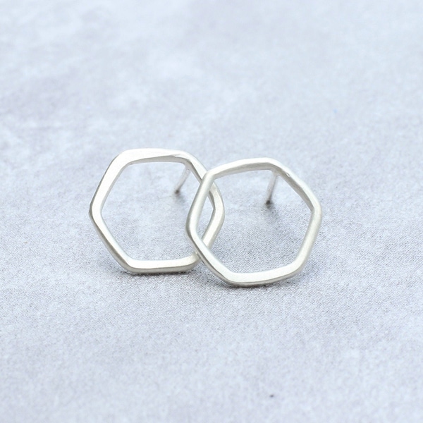 Sterling Silver Hexagon Stud Earrings // Open Geometric Studs // Minimalist Silver Studs