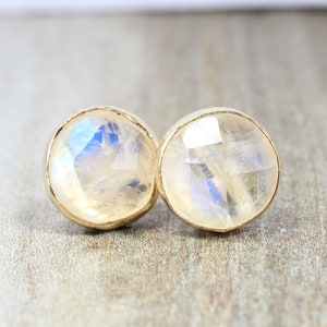 Gold Moonstone Earrings // Rose Cut Moonstone Stud Earrings // 6mm Moonstone Cabochon Earrings // 14k Gold Filled Gemstone Studs