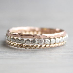 Silver Gold and Rose Gold Stackable Rings // Set of 3 Simple Sterling Silver Gold and Rose Gold Rings // Mixed Metals Stacking Rings