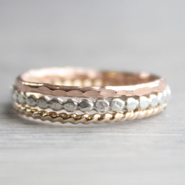 Silver Gold and Rose Gold Stackable Rings // Set of 3 Simple Sterling Silver Gold and Rose Gold Rings // Mixed Metals Stacking Rings