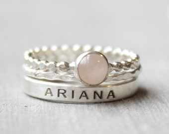 Rose Quartz Sterling Silver Ring Set: Engraved Name Ring, Stacking Rings