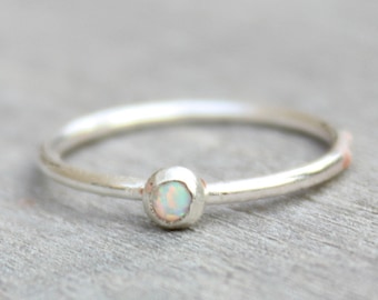Sterling Silver Opal Ring // Silver White Opal Stacking Ring // October Birthstone Ring // Tiny Gemstone Ring // Opal Ring