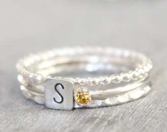 Sterling Silver Topaz Ring with Initial - Sterling Silver Birthstone Stacking Rings - Mother's Rings - Personalized Set of 3 Stacking Rings