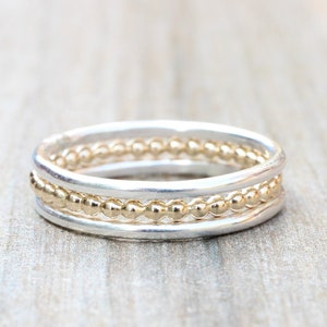 Stacking Rings // Set of 3 Simple Sterling Silver and Gold Filled Stacking Rings // Bead and Smooth Bands // Mixed Metals Stackable Rings