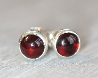 Silver Garnet Studs // Sterling Silver Garnet Stud Earrings // Genuine Garnet Earrings // 5mm Gemstone Cabochon Earrings January Birthstone