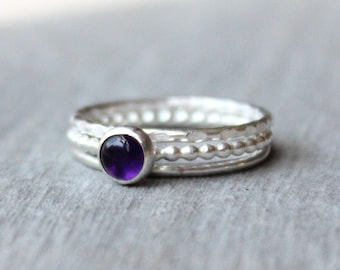 Amethyst Ring Set: Sterling Silver Stacking Rings, February Birthstone