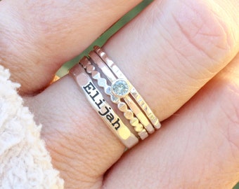 Personalized Name Ring Set in Sterling Silver // Stacking Rings with 3mm Birthstone // December Birthstone Blue Zircon