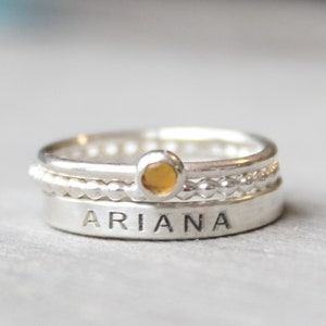 Sterling Silver Stacking Ring Set: Engraved Band with Citrine