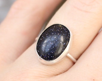 Blue Goldstone Ring // Sterling Silver Blue Goldstone Statement Ring // Blue Goldstone Cocktail Ring // Large Gemstone Ring // Galaxy Ring