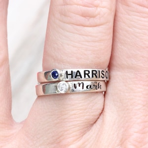 Sterling Silver Name Ring: Personalized Birthstone Stacking Band