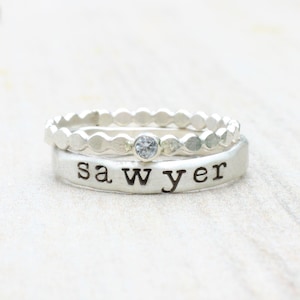 Sterling Silver Stacking Name Rings Set: Engraved Band & Gemstone