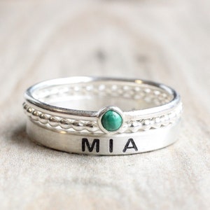 Sterling Silver Name Ring Gemstone // Name Ring Set with Malachite Stone // Personalized Ring with May Birthstone // Engraved Ring image 1