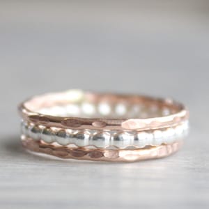 Sterling Silver Stacking Rings Set: Rose Gold, Hammered & Bead Bands