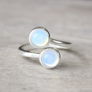 Silver Opal Ring // Dual Birthstone Ring // Opalite Bypass Ring // Sterling Silver Dual Stone Ring // Double Birthstone Ring