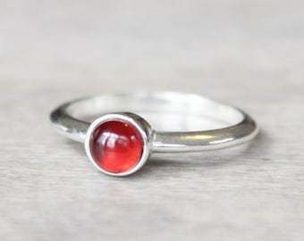 Sterling Silver Garnet Ring // Silver Genuine Garnet Cabochon Ring // January Birthstone Ring // 5mm Gemstone Ring // Red Stone Ring