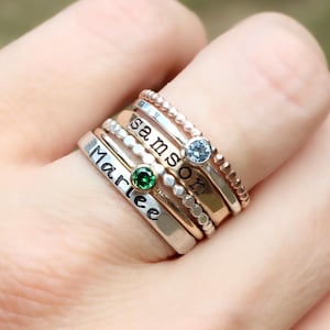 Engraved Stackable Name Rings Set: Sterling Silver, Gold, Rose Gold