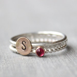 Conjunto de anéis de turmalina rosa // Anéis de empilhamento inicial de pedra do mês de outubro em prata esterlina // Personalizado // Prata e ouro rosa