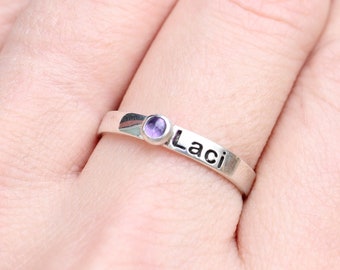 Sterling Silver Name with Birthstone -  Personalized Ring with Gemstone - Gemstone Stacking Rings - Engraved Ring