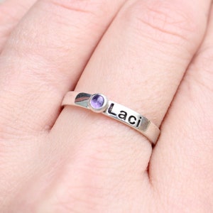 Sterling Silver Personalized Name Ring with Birthstone - Engraved Stacking Ring