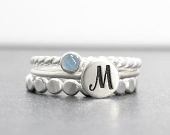 Sterling Silver Initial Ring with Aquamarine - SCustom Initial Stacking Rings with March Birthstone Gemstone- Personalized Ring Set