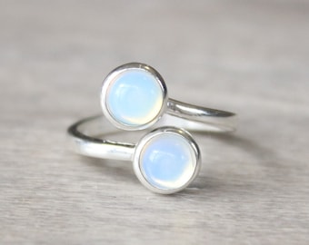 Silver Opal Ring // Dual Birthstone Ring // Opalite Bypass Ring // Sterling Silver Dual Stone Ring // Double Birthstone Ring