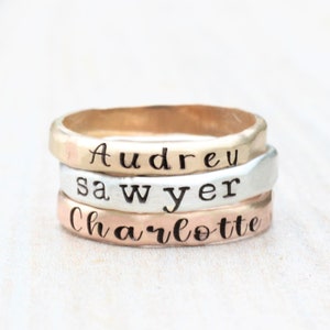 Stacking Name Rings // Sterling Silver, Gold, or Rose Gold Hammered Name Ring Personalized Ring Custom Name Ring Engraved Ring image 6